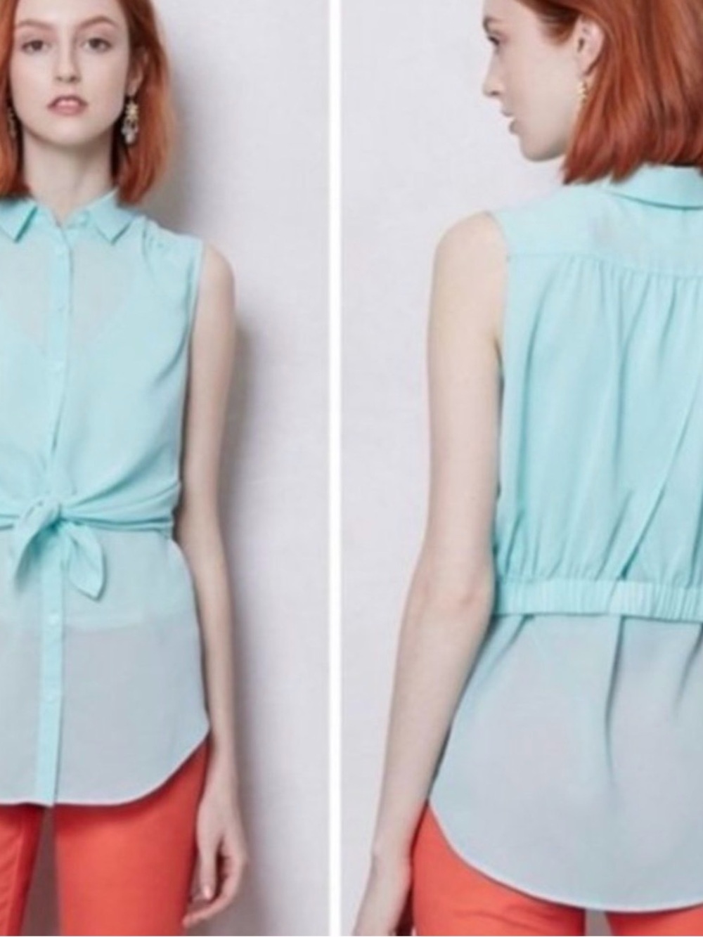 ANTHROPOLOGIE MAEVE Aqua Blue Sleeveless Boho Bohemian Button Down Tie Tank Top